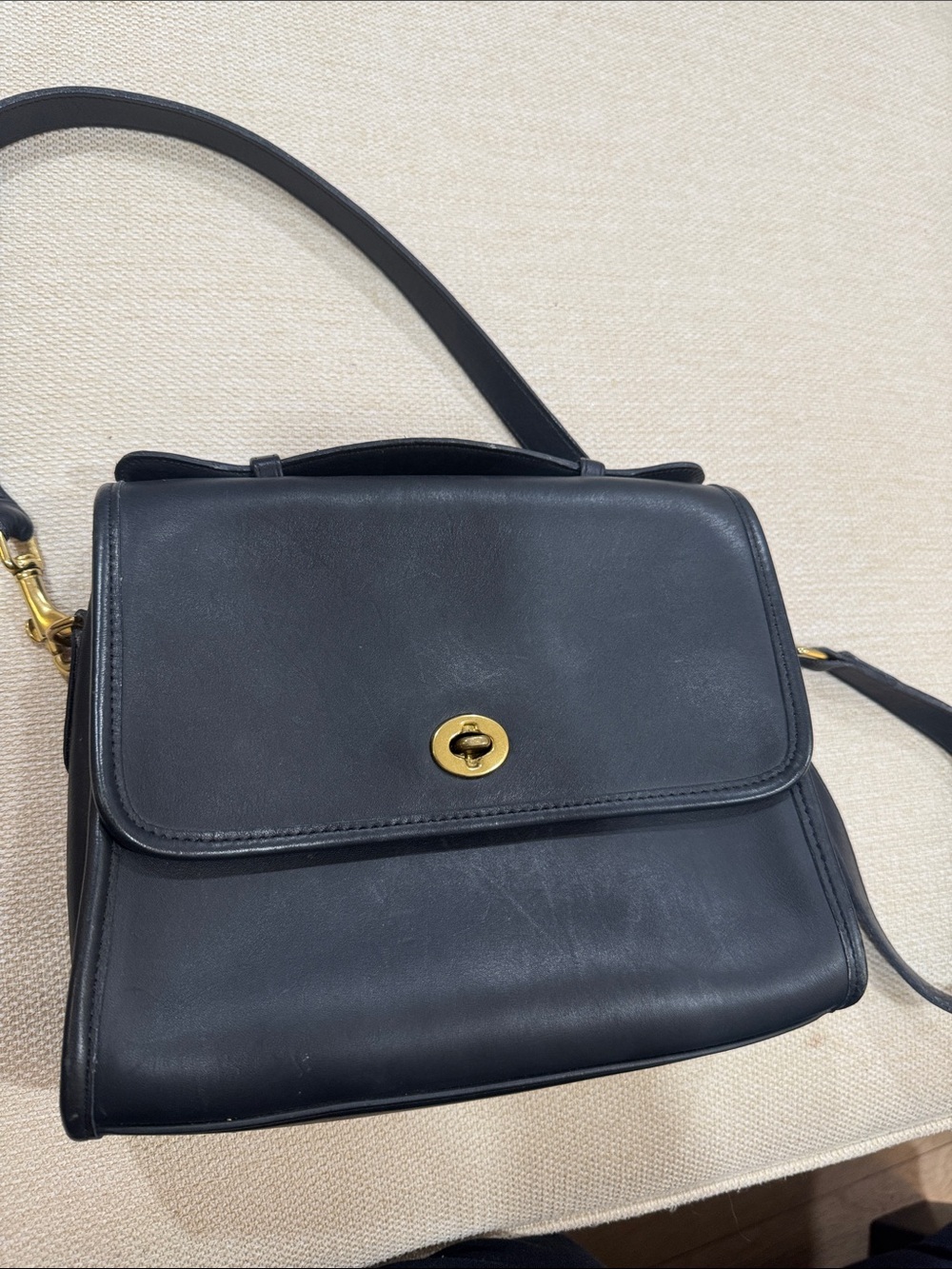 Classic Blue Leather Shoulder Bag with Gold Hardware